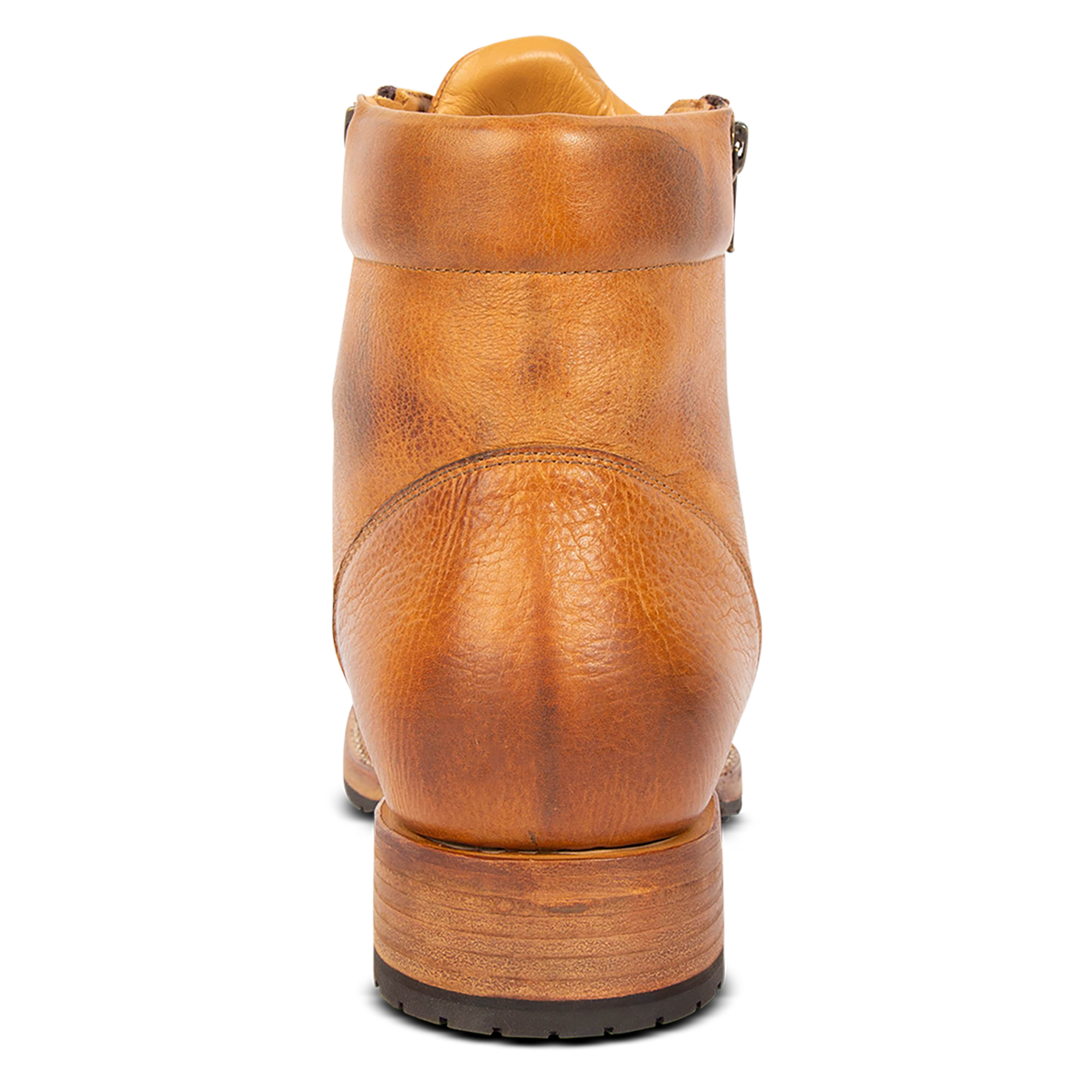 Back view showing low block heel on FREEBIRD men's Chevy tan leather boot