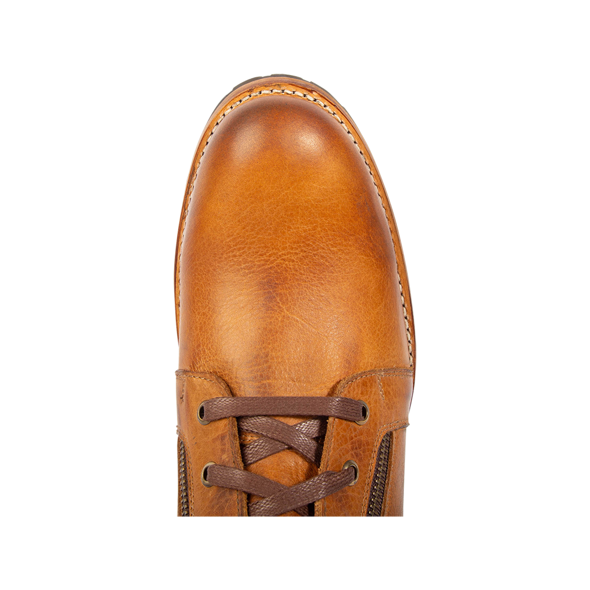 Top view showing rounded toe on FREEBIRD men's Chevy tan leather boot 