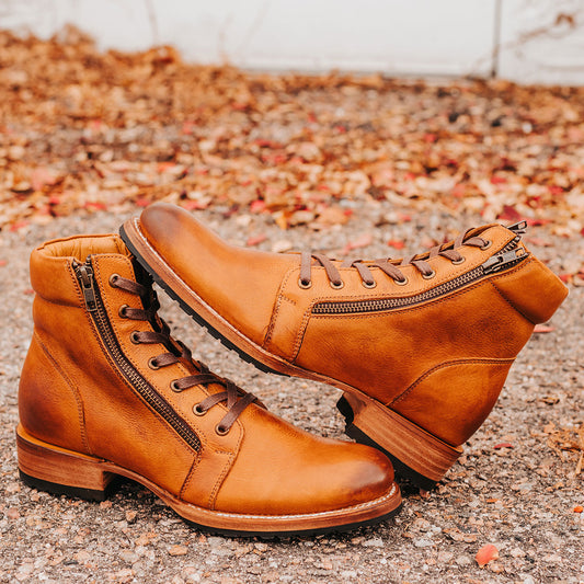 FREEBIRD men's Chevy tan leather boot with Goodyear welt and rubber tread sole, double paired zip closures and adjustable front lacing