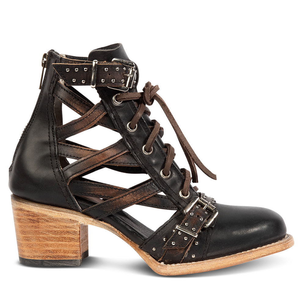 FREEBIRD women's Cheyenne black multi laser cut criss-cross leather lace up front silver buckle detail ankle bootie