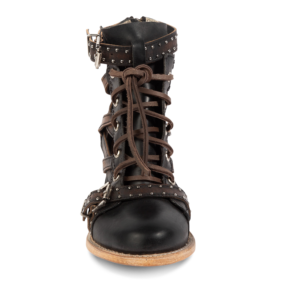 Front view showing adjustable leather lace closure and double studded leather straps with silver hardware on FREEBIRD women's Cheyenne black multi bootie