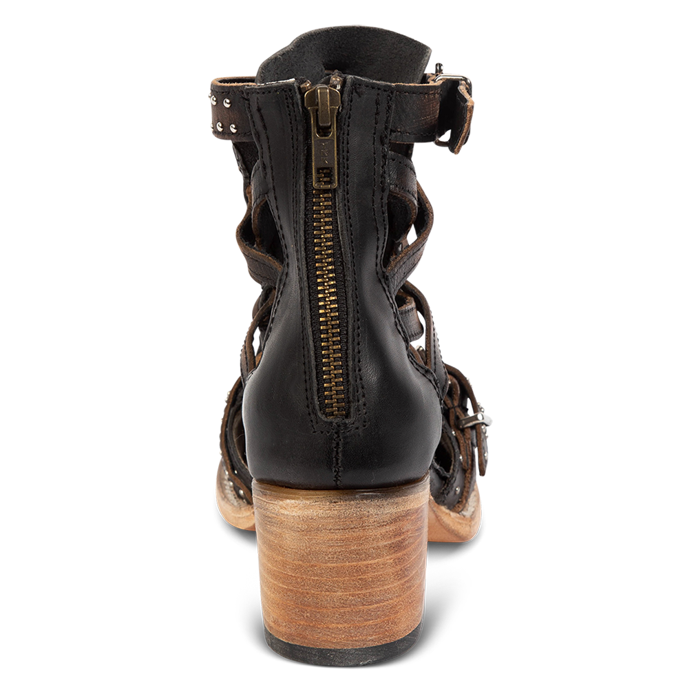Back view showing working brass zip closure on FREEBIRD women's Cheyenne black multi bootie