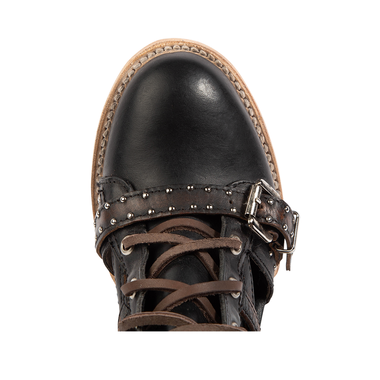 Top view showing almond toe and silver studded leather strap on FREEBIRD women's Cheyenne black multi bootie
