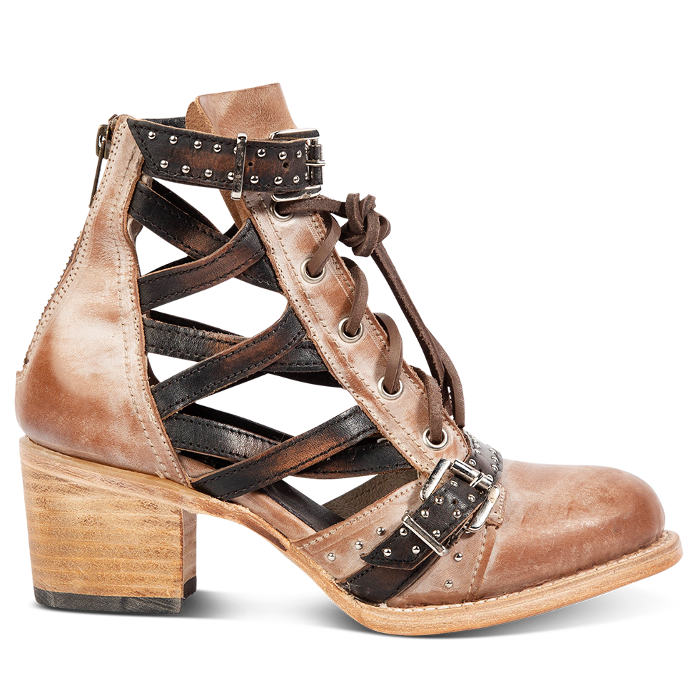 FREEBIRD women's Cheyenne taupe multi laser cut criss-cross leather lace up front silver buckle detail ankle bootie
