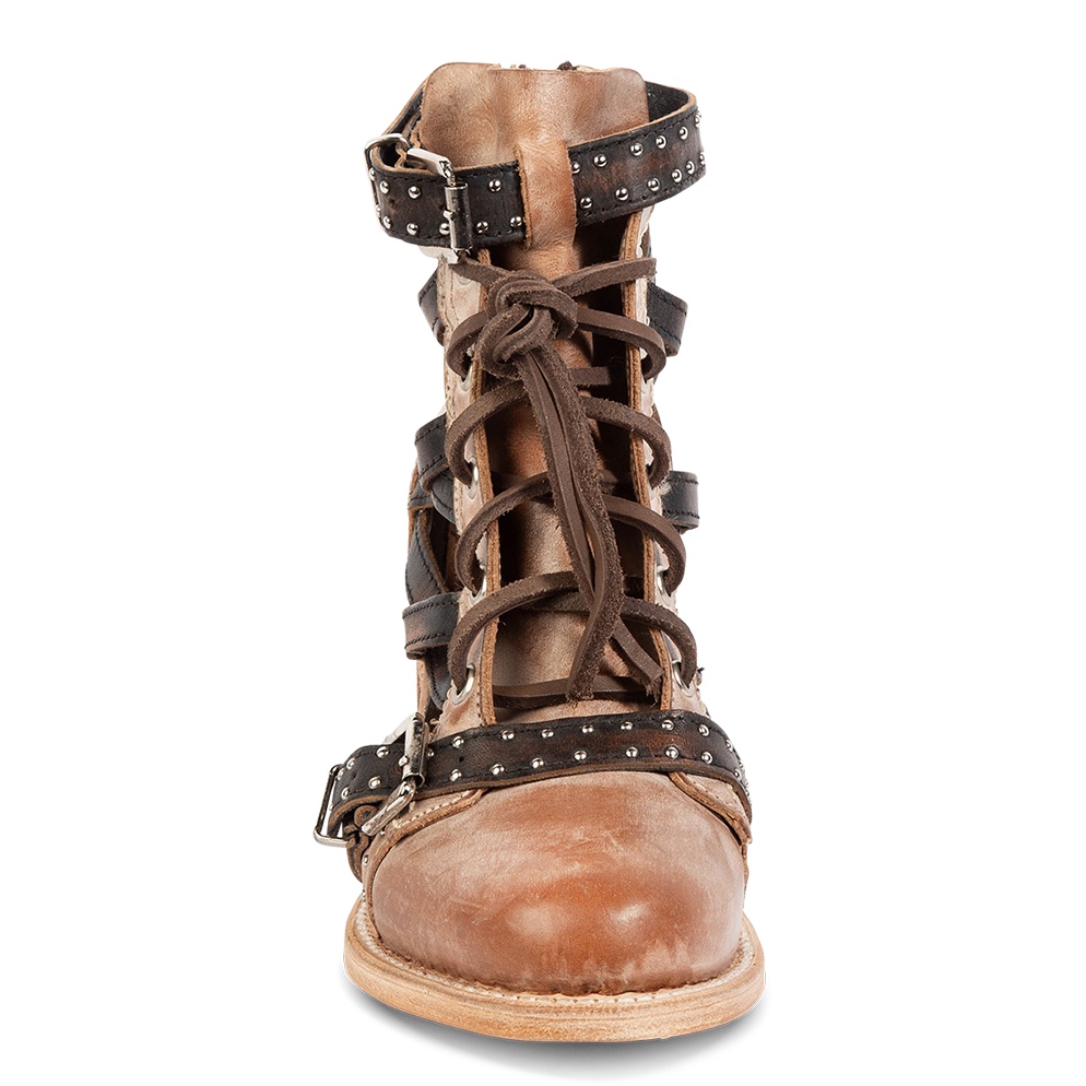 Front view showing adjustable leather lace closure and double studded leather straps with silver hardware on FREEBIRD women's Cheyenne taupe multi bootie
