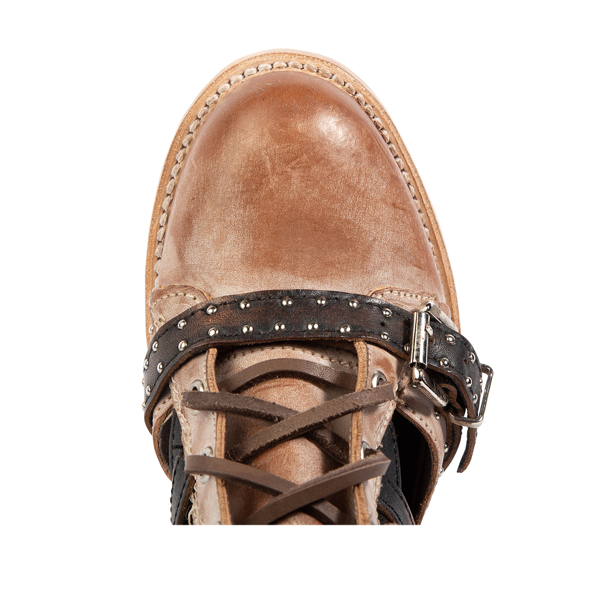 Top view showing almond toe and silver studded leather strap on FREEBIRD women's Cheyenne taupe multi bootie