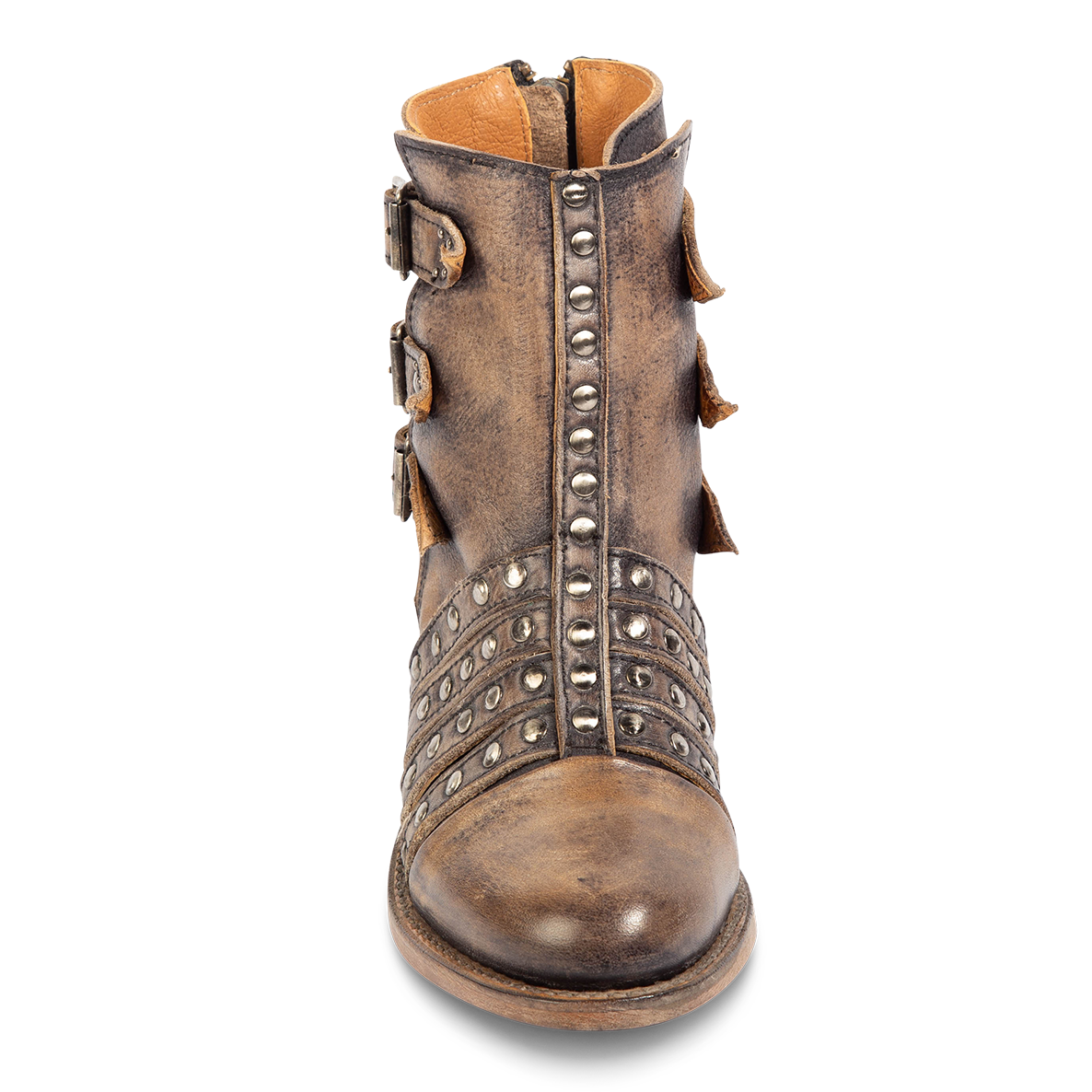 Front view showing intricate silver stud detailing on FREEBIRD women's Citadel black distressed leather bootie