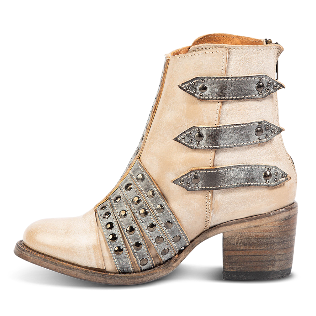 Inside view showing embellished leather strap detailing on FREEBIRD women's Citadel ice multi leather bootie