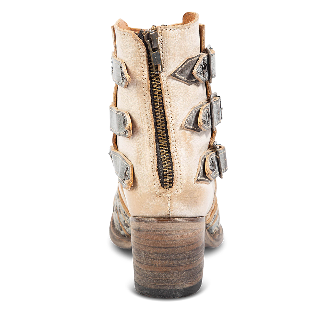Back view showing working brass zip closure on FREEBIRD women's Citadel ice multi leather bootie