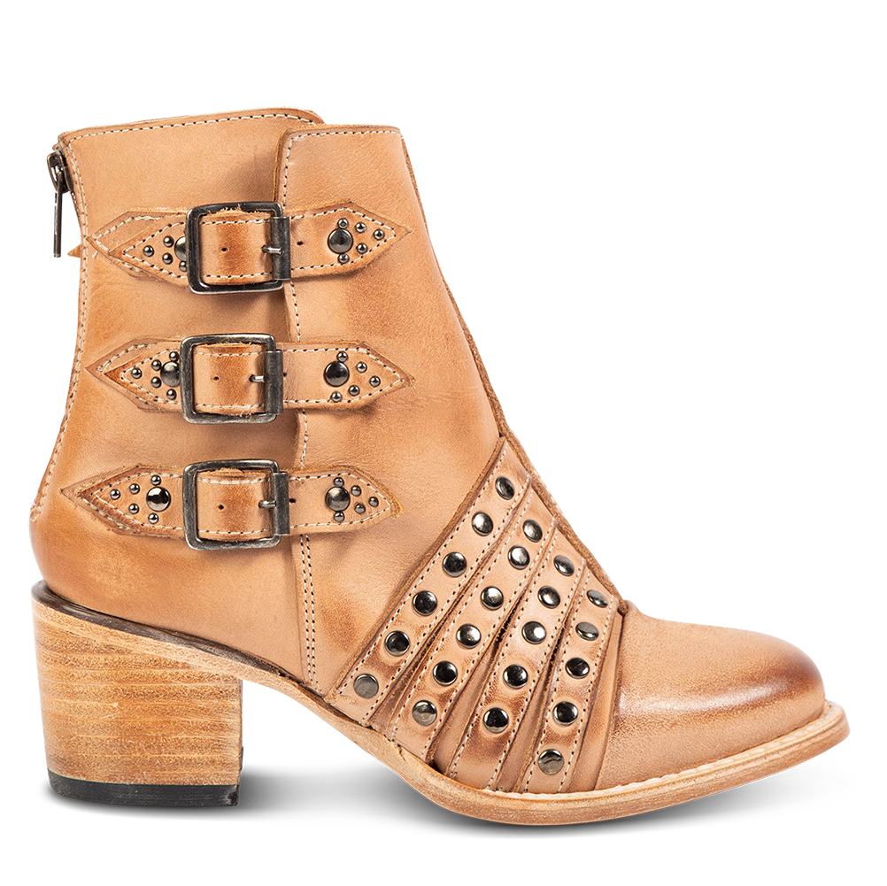 FREEBIRD women's Citadel taupe intricate embellished leather strap studded round toe bootie