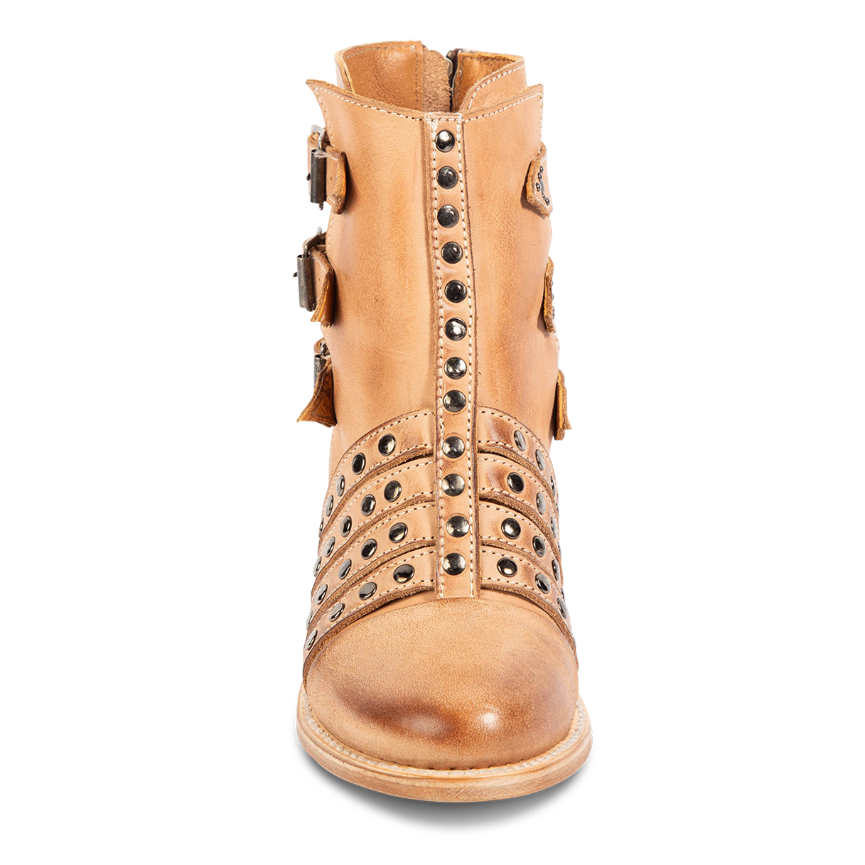 Front view showing intricate silver stud detailing on FREEBIRD women's Citadel taupe leather bootie