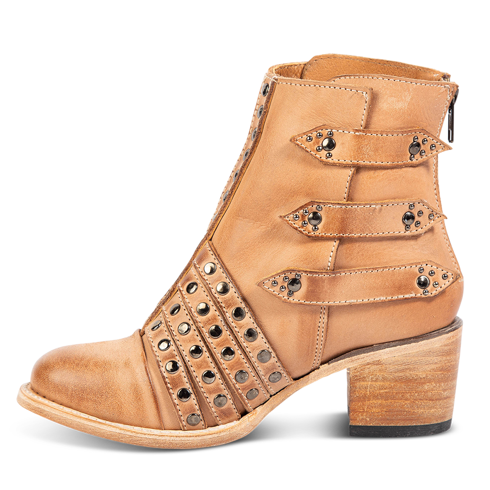 Inside view showing embellished leather strap detailing on FREEBIRD women's Citadel taupe leather bootie