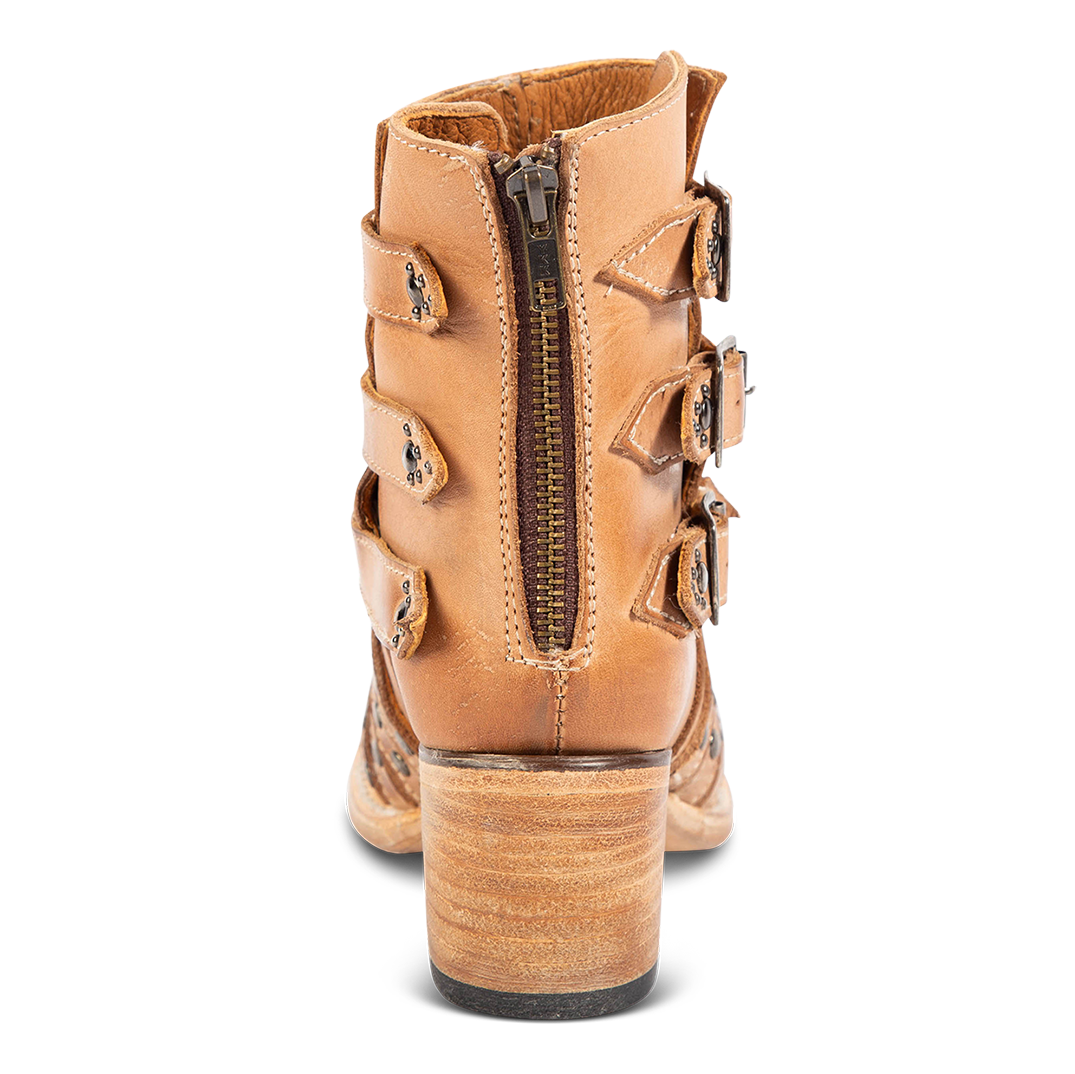 Back view showing working brass zip closure on FREEBIRD women's Citadel taupe leather bootie