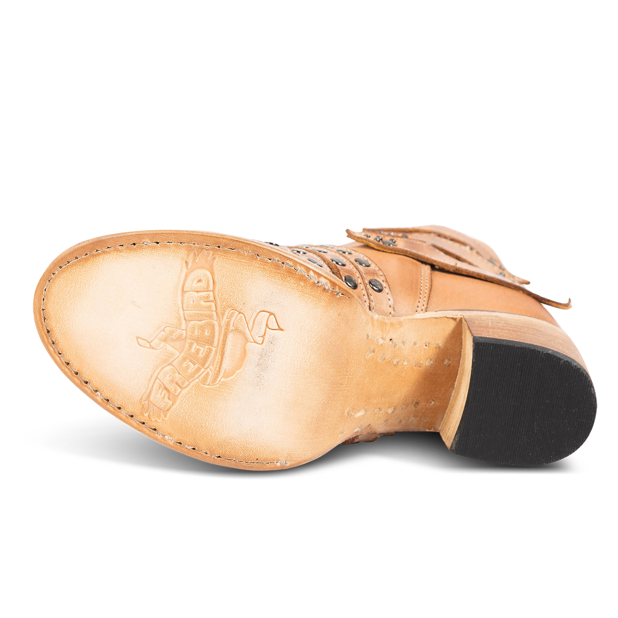 Leather sole imprinted with FREEBIRD on women's Citadel taupe leather bootie
