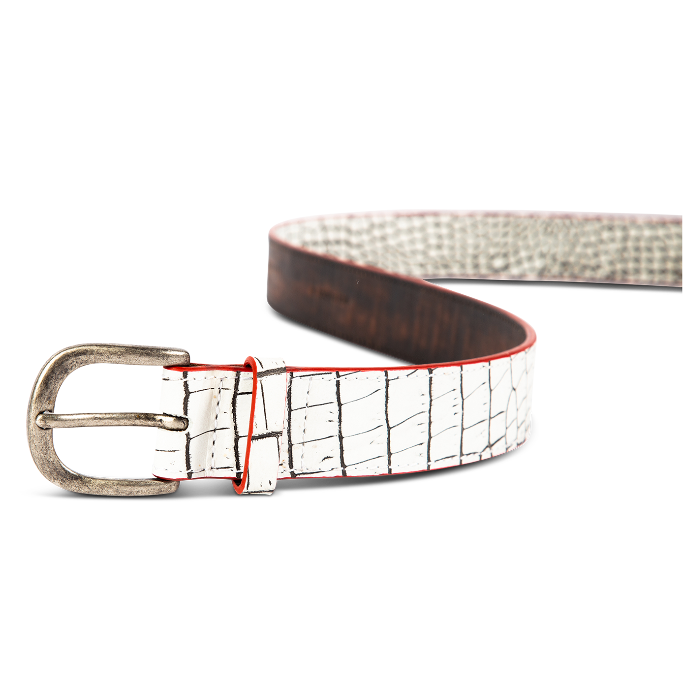 Classic white croco top view with silver buckle hardware on FREEBIRD full grain leather belt