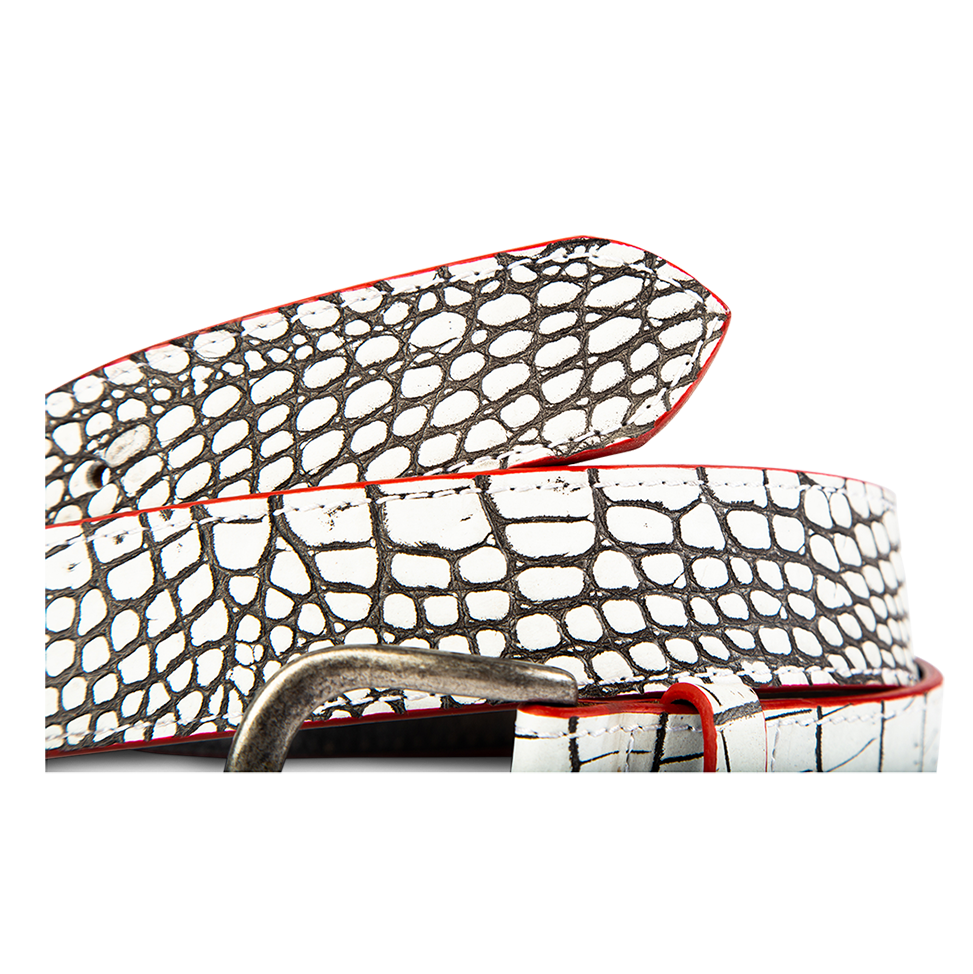 Classic white croco side view featuring silver buckle hardware on FREEBIRD full grain leather belt