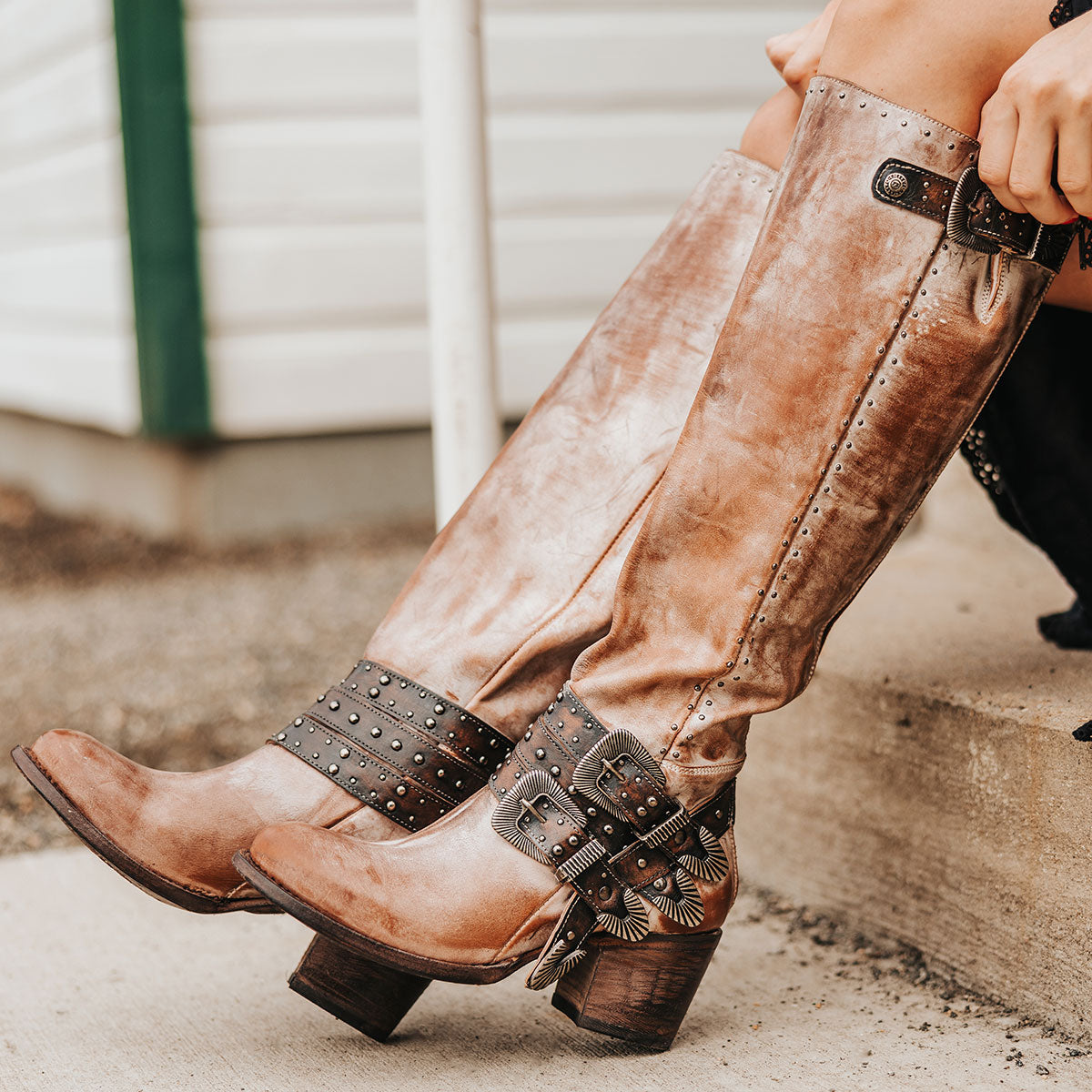 FREEBIRD women's Cleo taupe leather tall boot with decorate belts, embossed studs and gore detailing