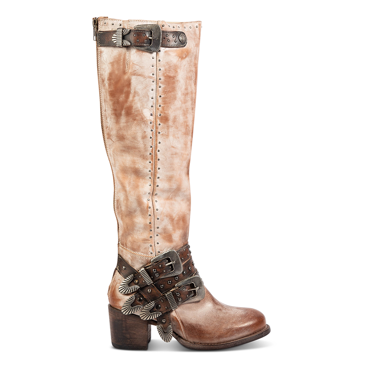 FREEBIRD women's Cleo taupe leather tall boot with decorate belts, embossed studs and gore detailing