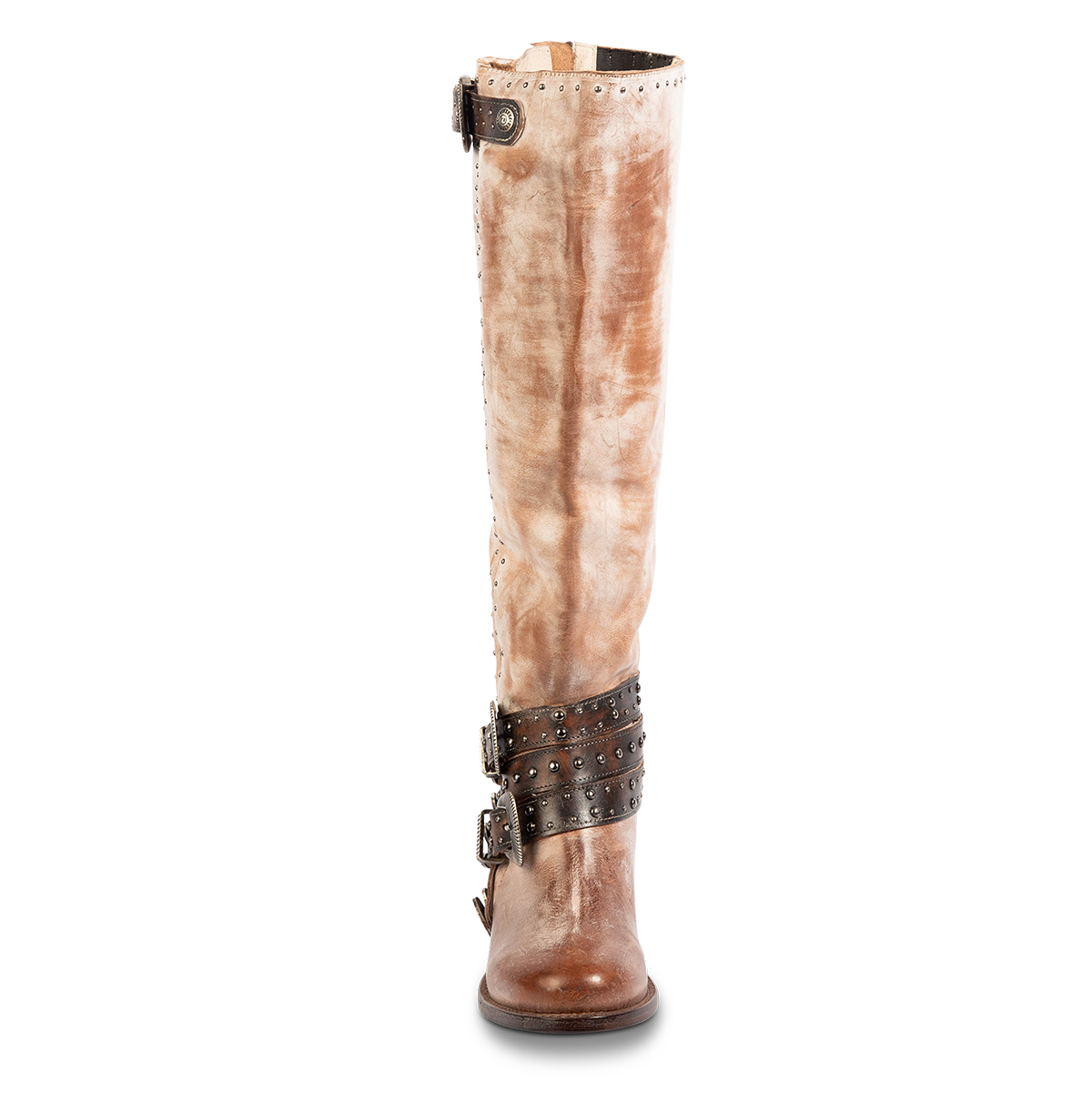 Front view showing FREEBIRD women's Cleo taupe leather tall boot with decorate belts, embossed studs and gore detailing