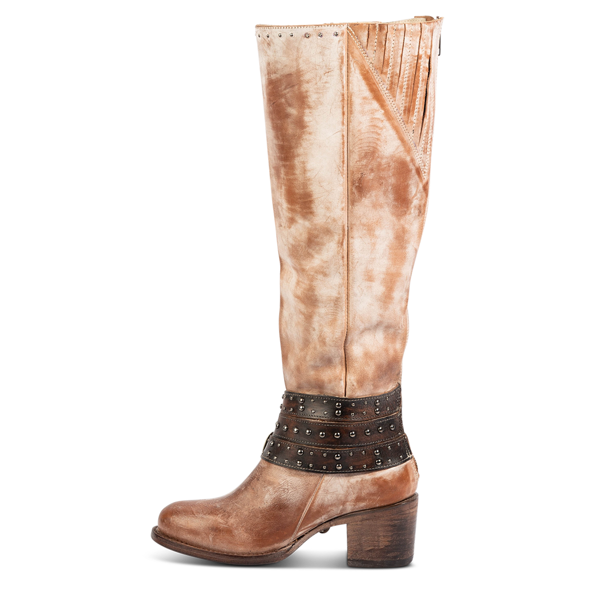 Inside view showing FREEBIRD women's Cleo taupe leather tall boot with decorate belts, embossed studs and gore detailing