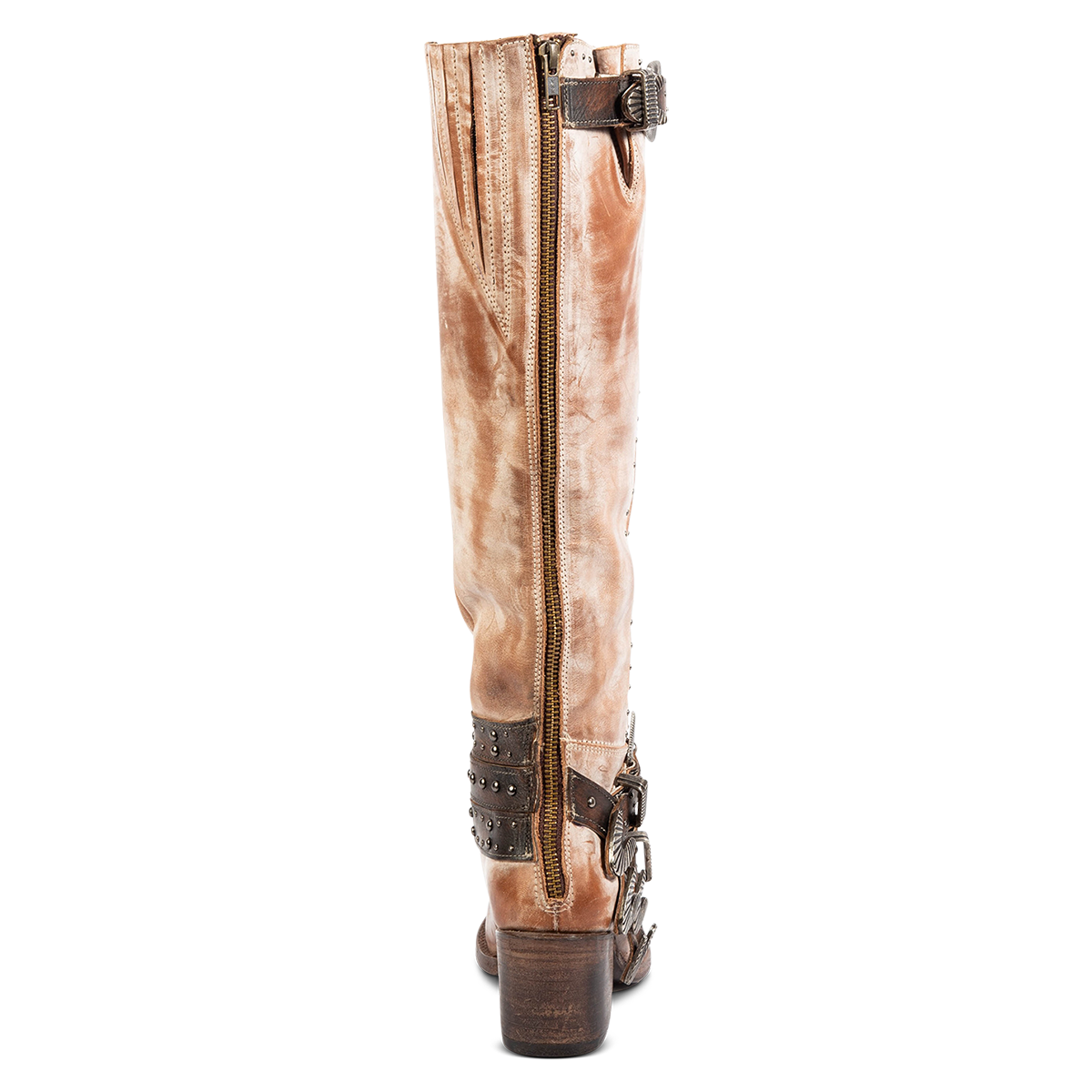Back view showing FREEBIRD women's Cleo taupe leather tall boot with decorate belts, embossed studs and gore detailing