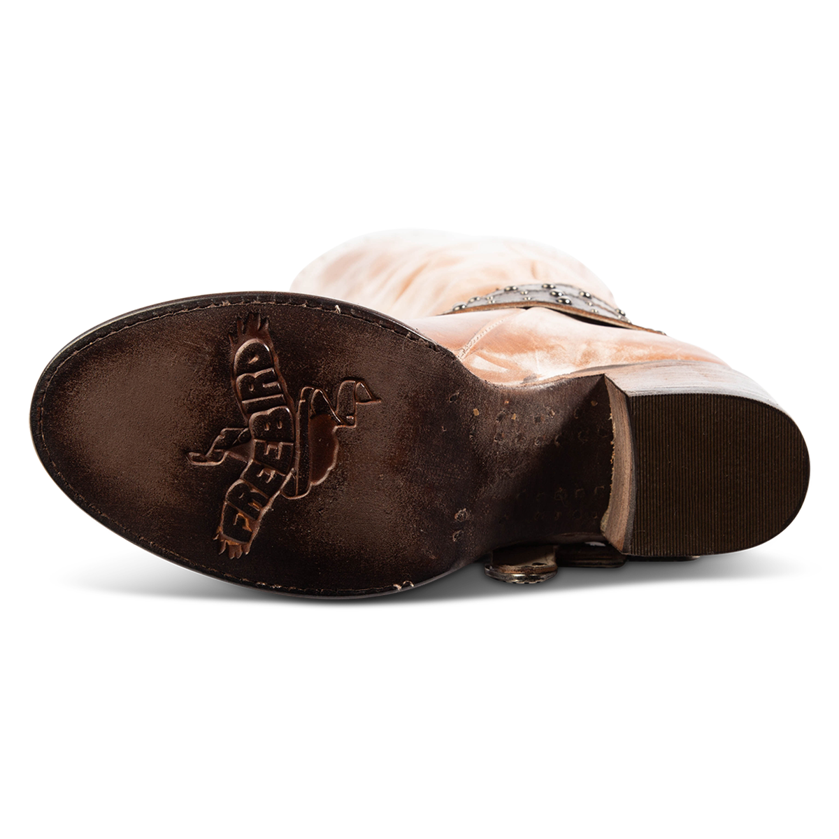 Leather sole imprinted with FREEBIRD on women's Cleo taupe tall leather boot