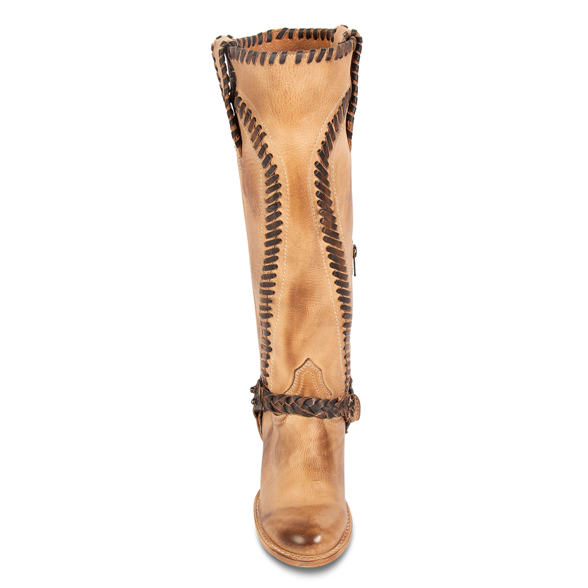 Front view showing whip stitch detailing, braided ankle harness and round toe on FREEBIRD women's Clover beige leather boot