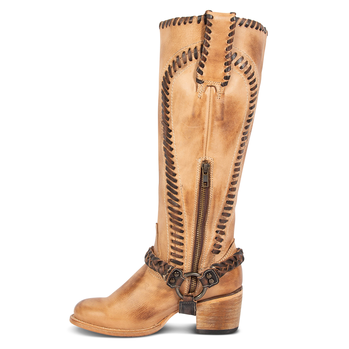Side view showing leather pull straps, inside working brass zipper, and braided ankle harness on FREEBIRD women's Clover beige leather boot