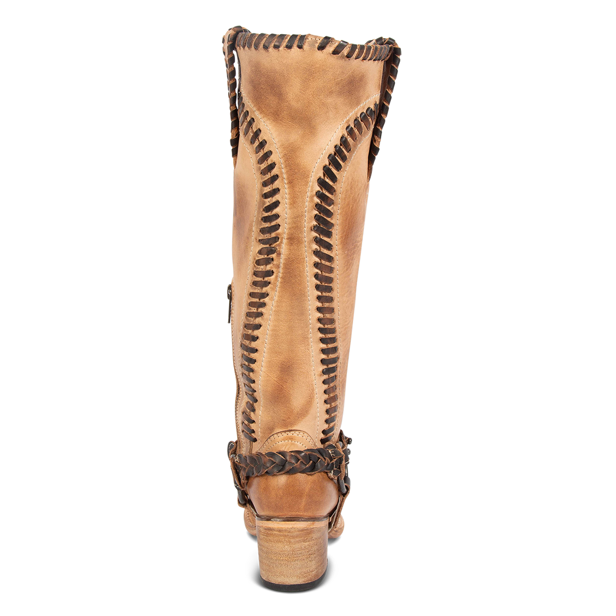 Back view showing whip stitch detailing, braided ankle harness and stacked heel on FREEBIRD women's Clover beige leather boot