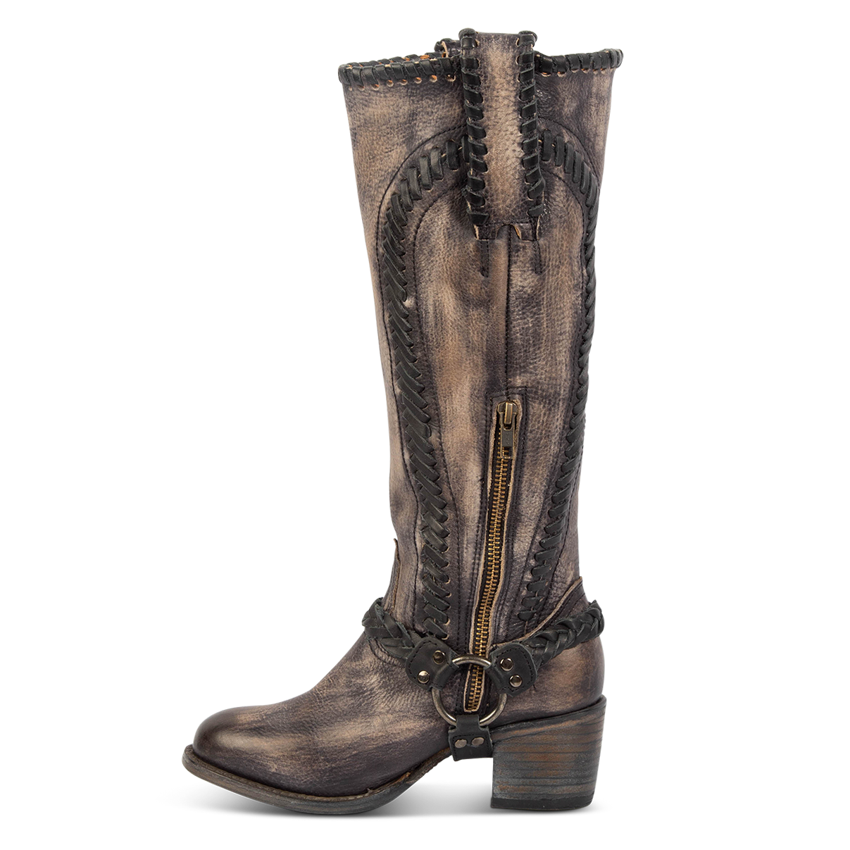 Side view showing leather pull straps, inside working brass zipper, and braided ankle harness on FREEBIRD women's Clover black leather boot