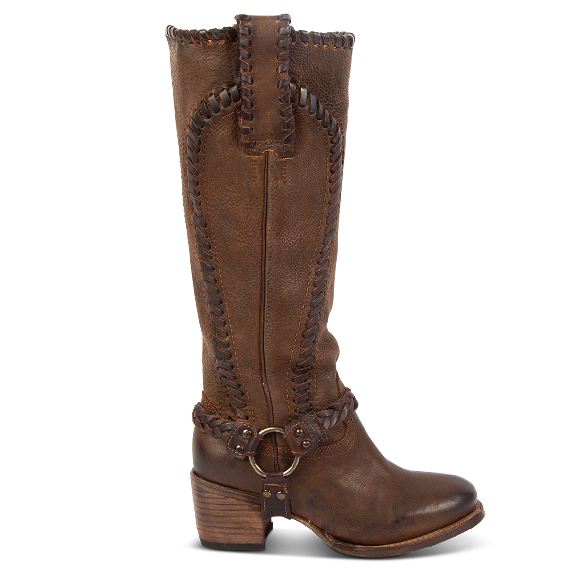 FREEBIRD women's Clover brown leather boot with whip stitch detailing, inside half zip closure and braided ankle harness
