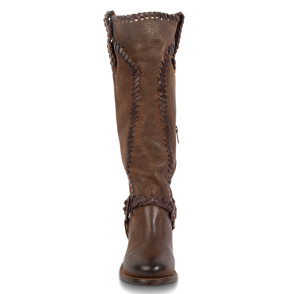 Front view showing whip stitch detailing, braided ankle harness and round toe on FREEBIRD women's Clover brown leather boot
