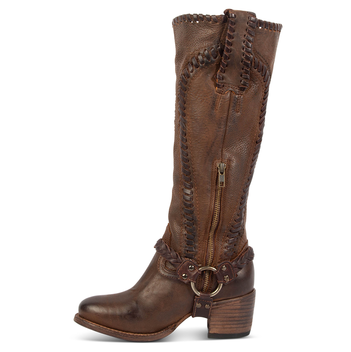 Side view showing leather pull straps, inside working brass zipper, and braided ankle harness on FREEBIRD women's Clover brown leather boot