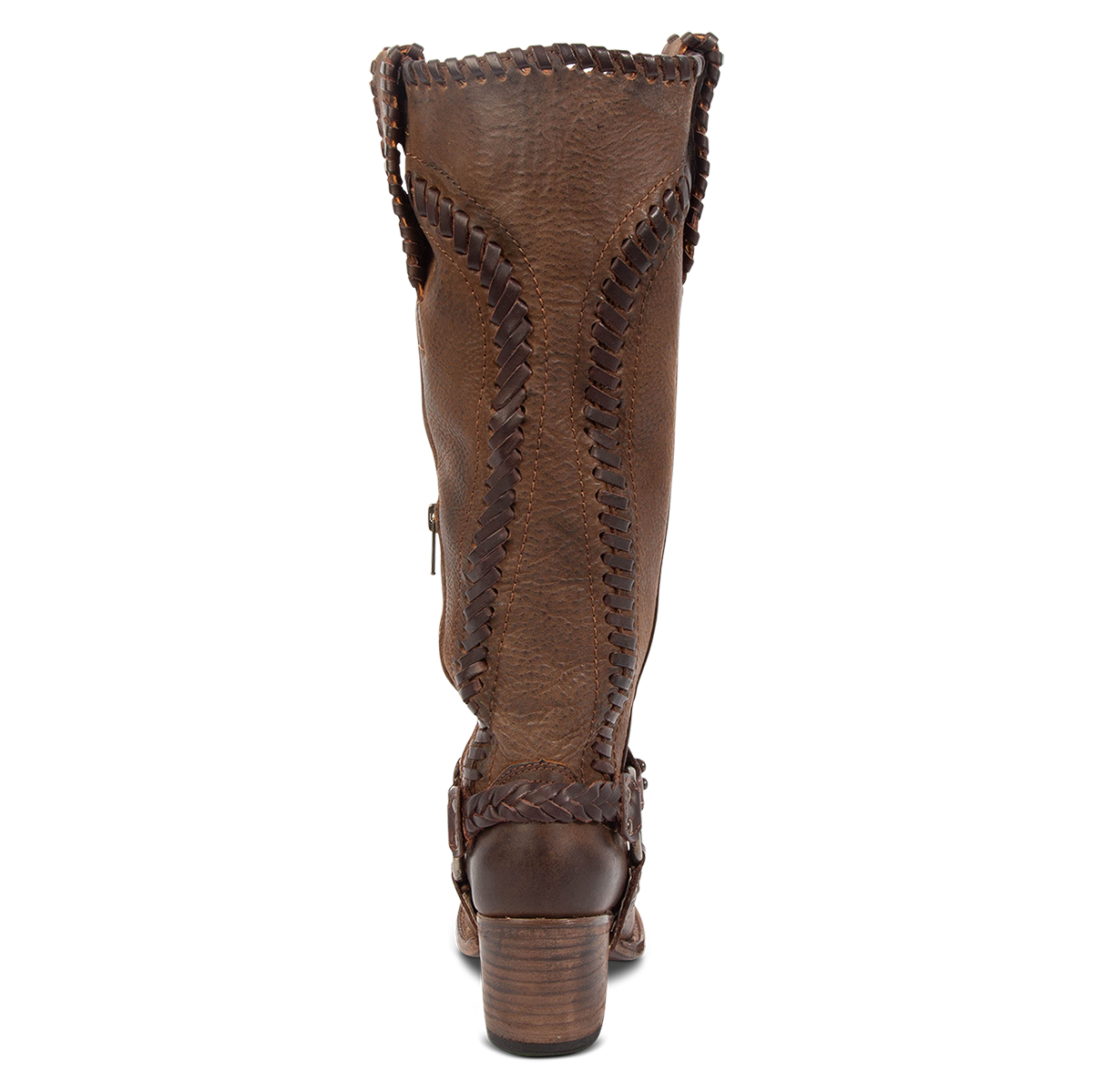 Back view showing whip stitch detailing, braided ankle harness and stacked heel on FREEBIRD women's Clover brown leather boot