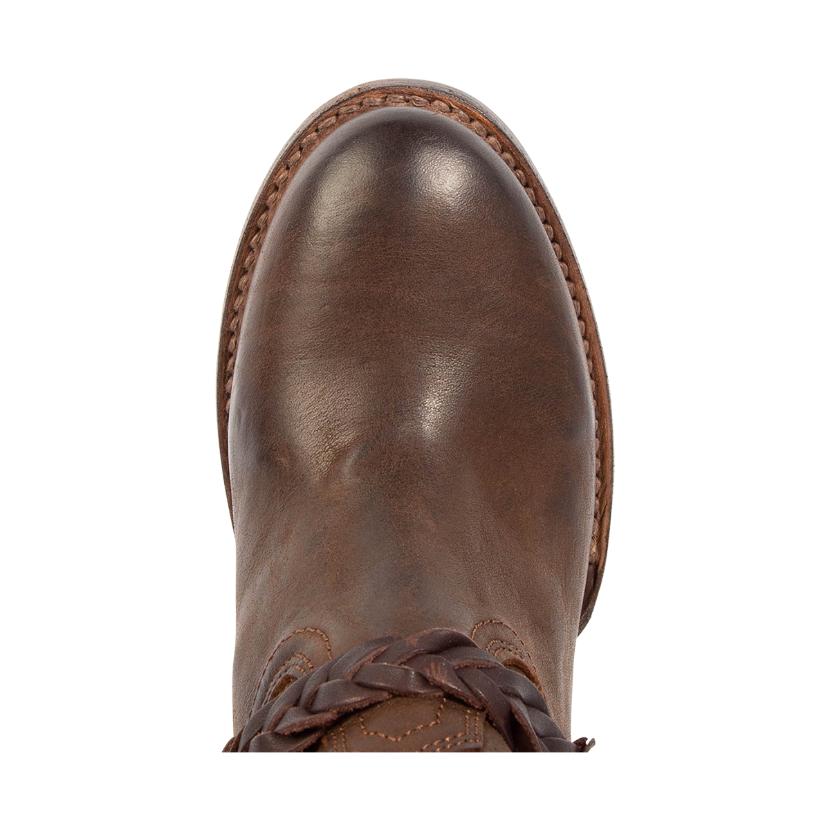 Top view showing round toe construction on FREEBIRD women's Clover brown leather boot