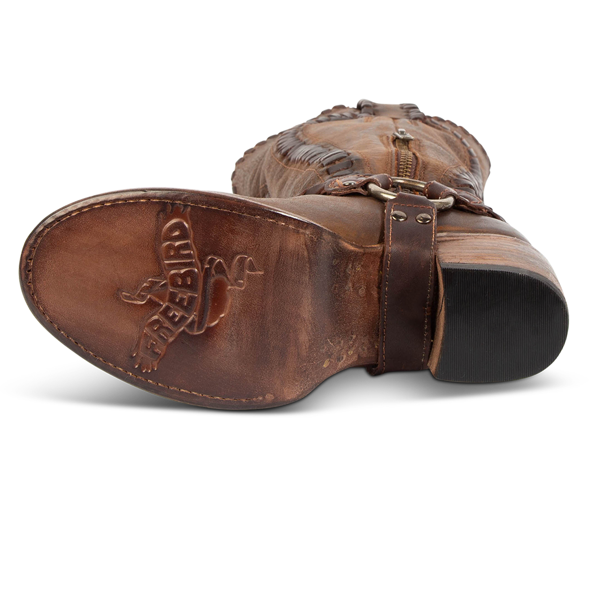 Leather sole imprinted with FREEBIRD on women's Clover brown leather boot 
