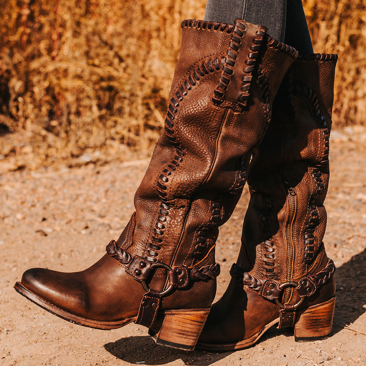 FREEBIRD women's Clover brown leather boot with whip stitch detailing, inside half zip closure and braided ankle harness