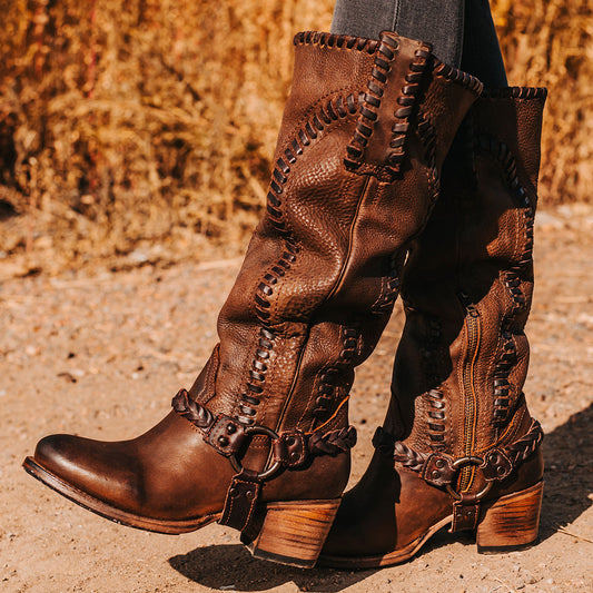 FREEBIRD women's Clover brown leather boot with whip stitch detailing, inside half zip closure and braided ankle harness