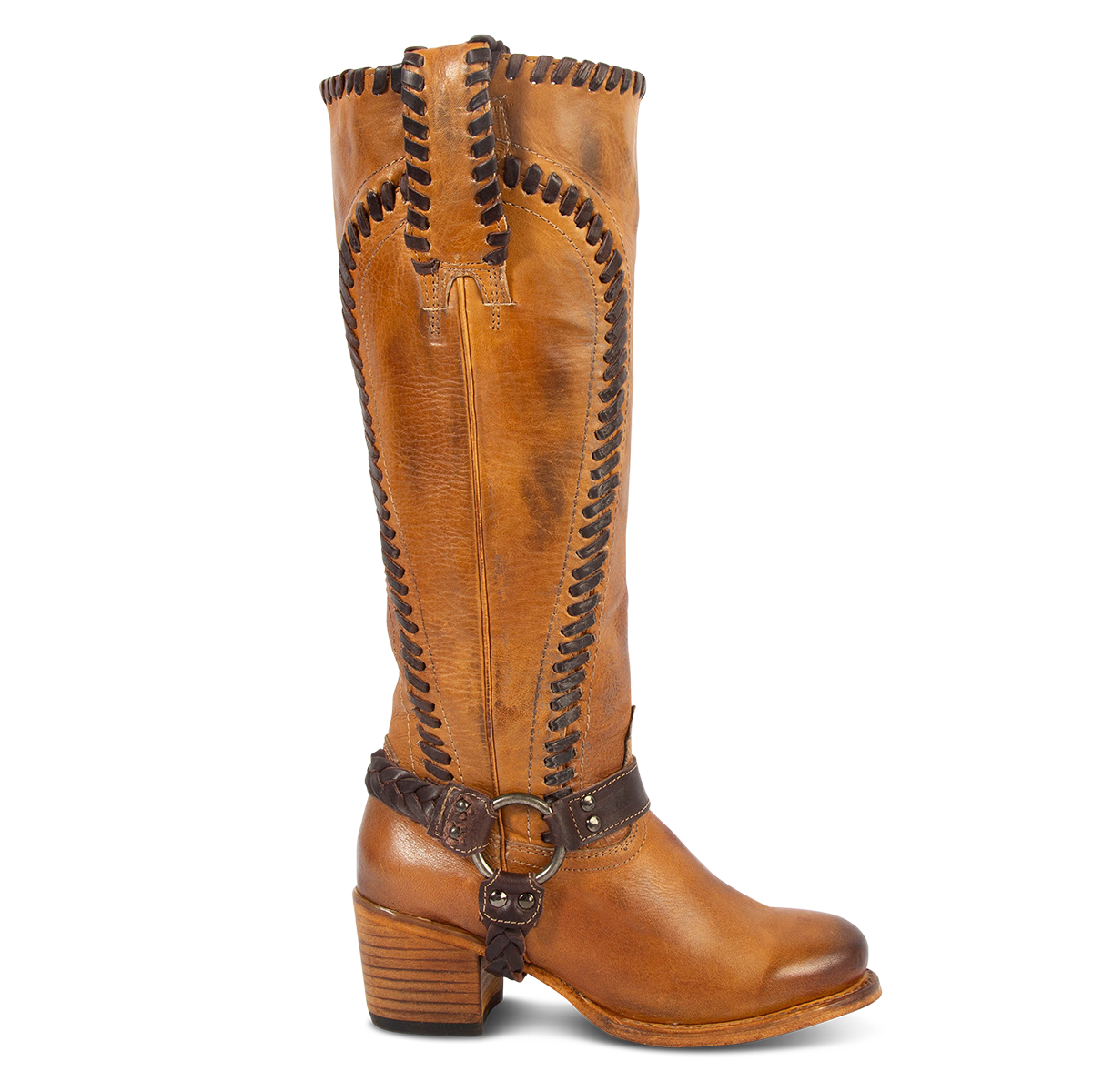 FREEBIRD women's Clover wheat leather boot with whip stitch detailing, inside half zip closure and braided ankle harness