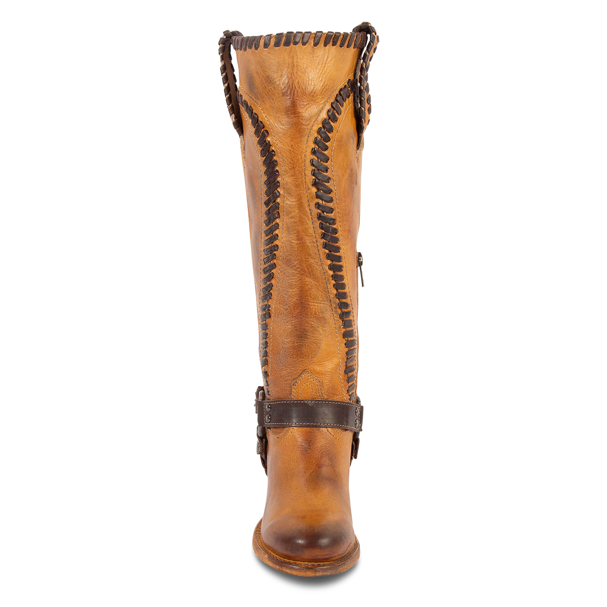 Front view showing whip stitch detailing, braided ankle harness and round toe on FREEBIRD women's Clover wheat leather boot