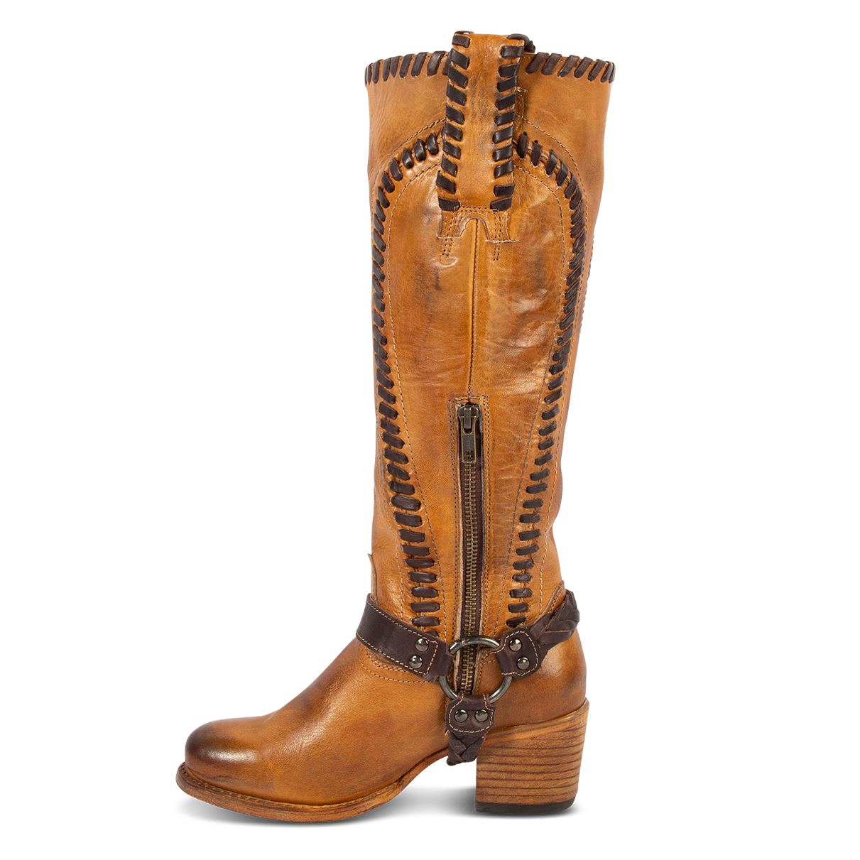 Side view showing leather pull straps, inside working brass zipper, and braided ankle harness on FREEBIRD women's Clover wheat leather boot