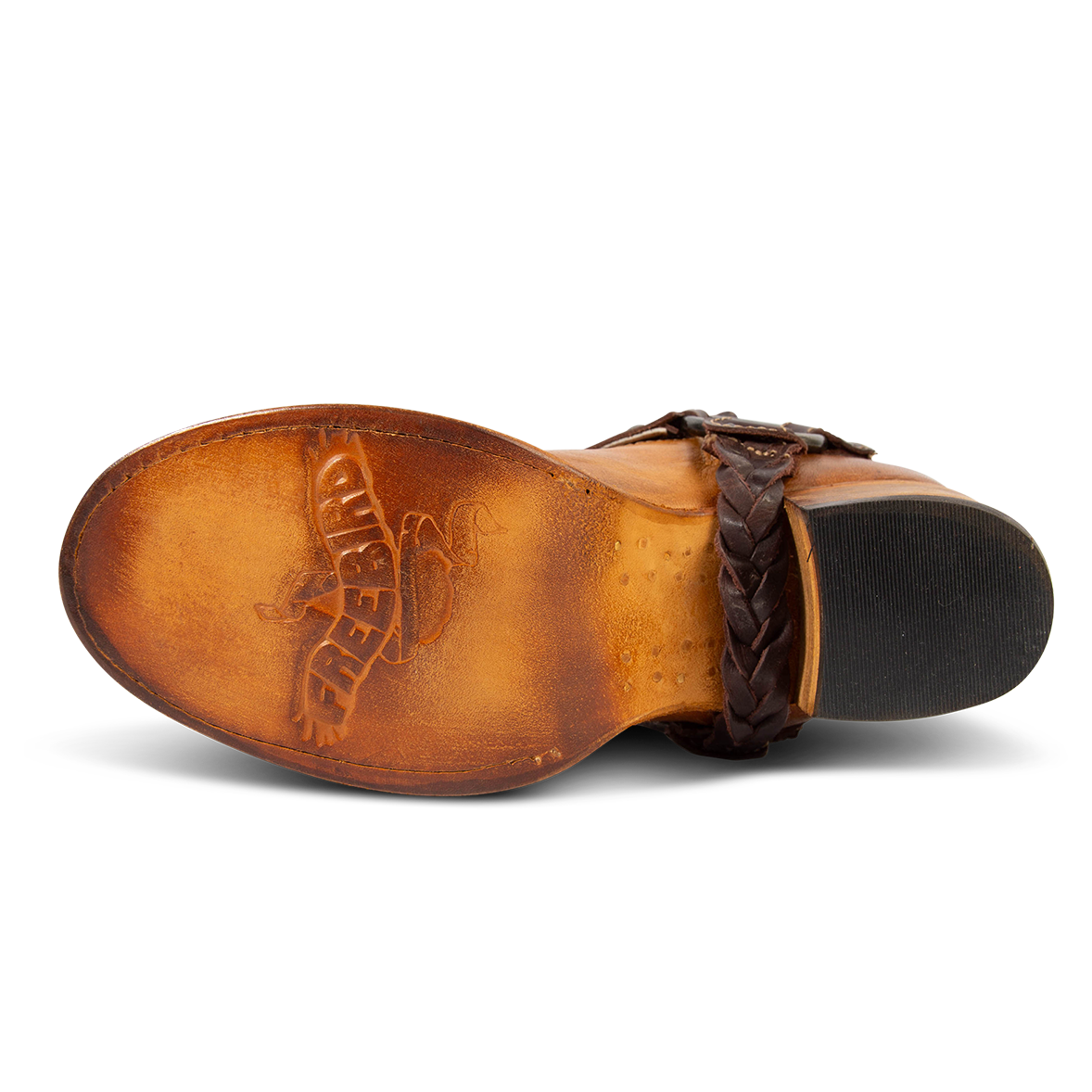 Leather sole imprinted with FREEBIRD on women's Clover wheat boot