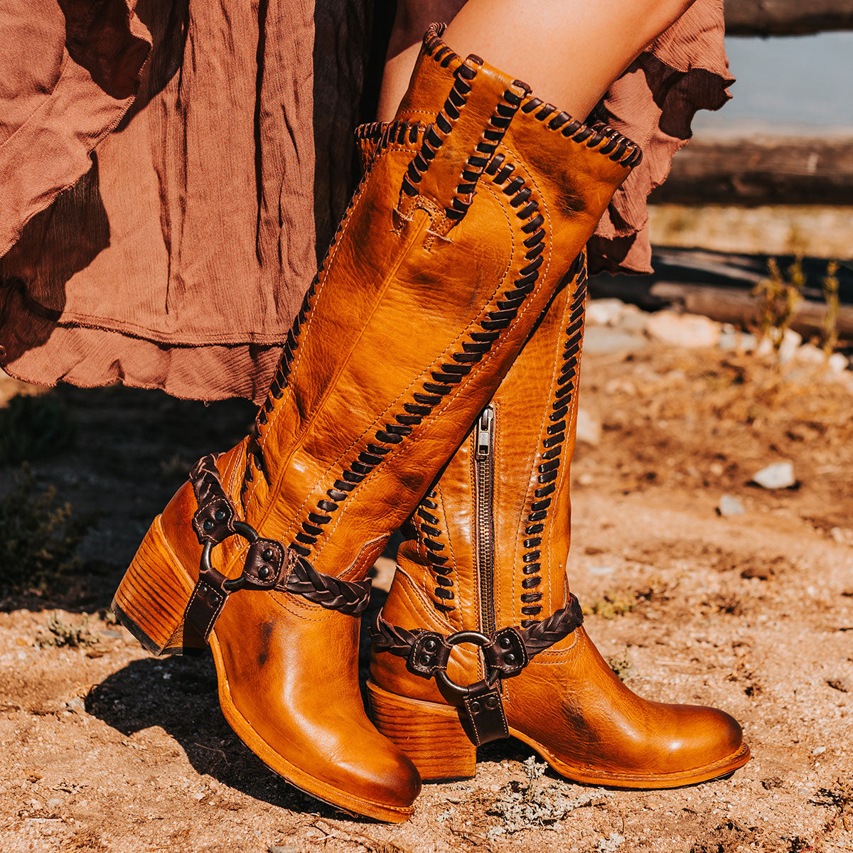 FREEBIRD women's Clover wheat leather boot with whip stitch detailing, inside half zip closure and braided ankle harness