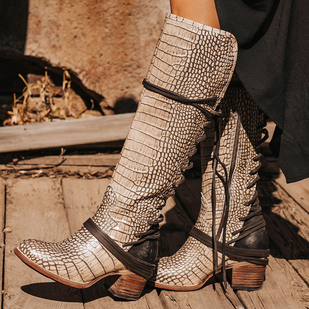 FREEBIRD women’s Coal beige croco knee high adjustable back lacing boot