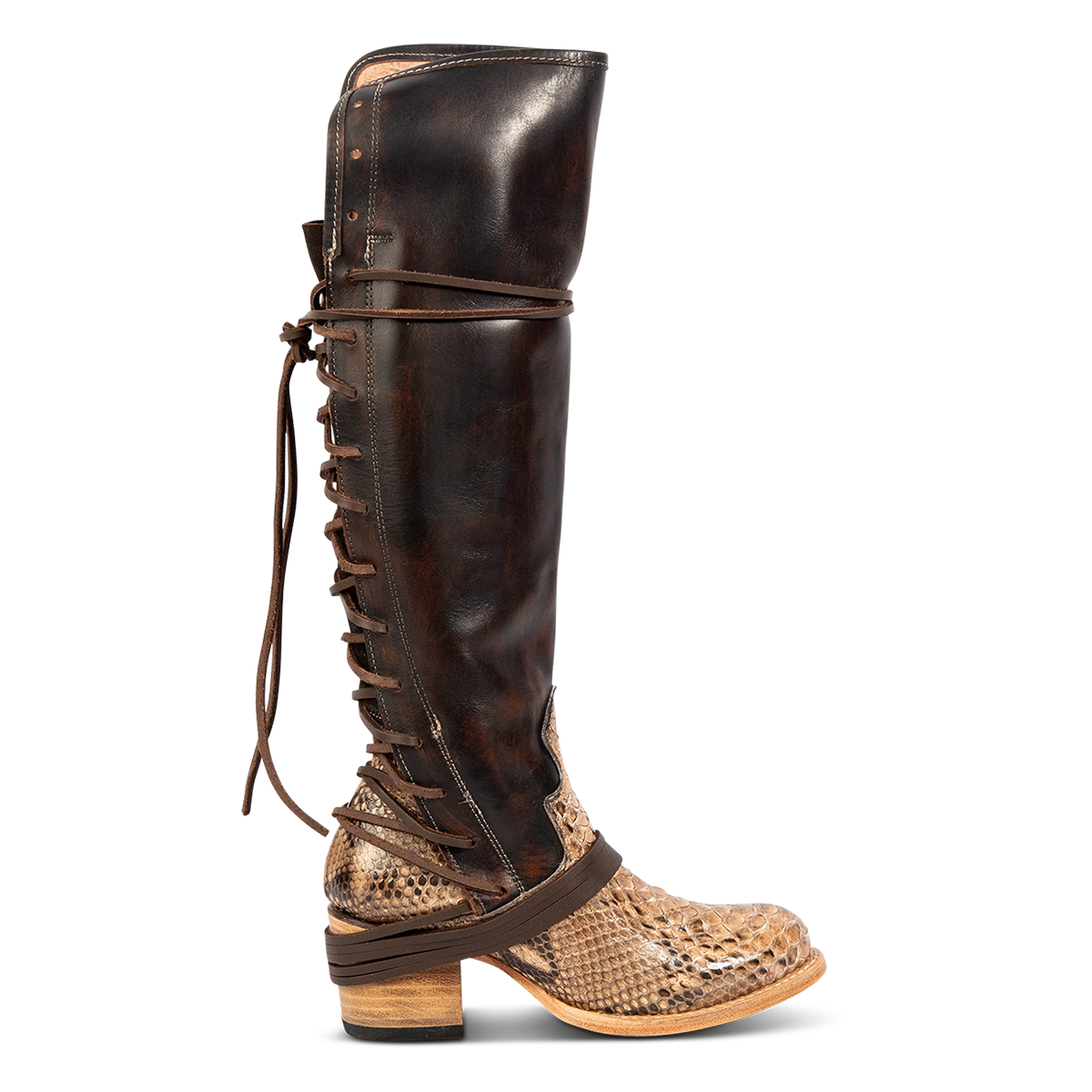 FREEBIRD women’s Coal beige python leather knee high adjustable back lacing boot