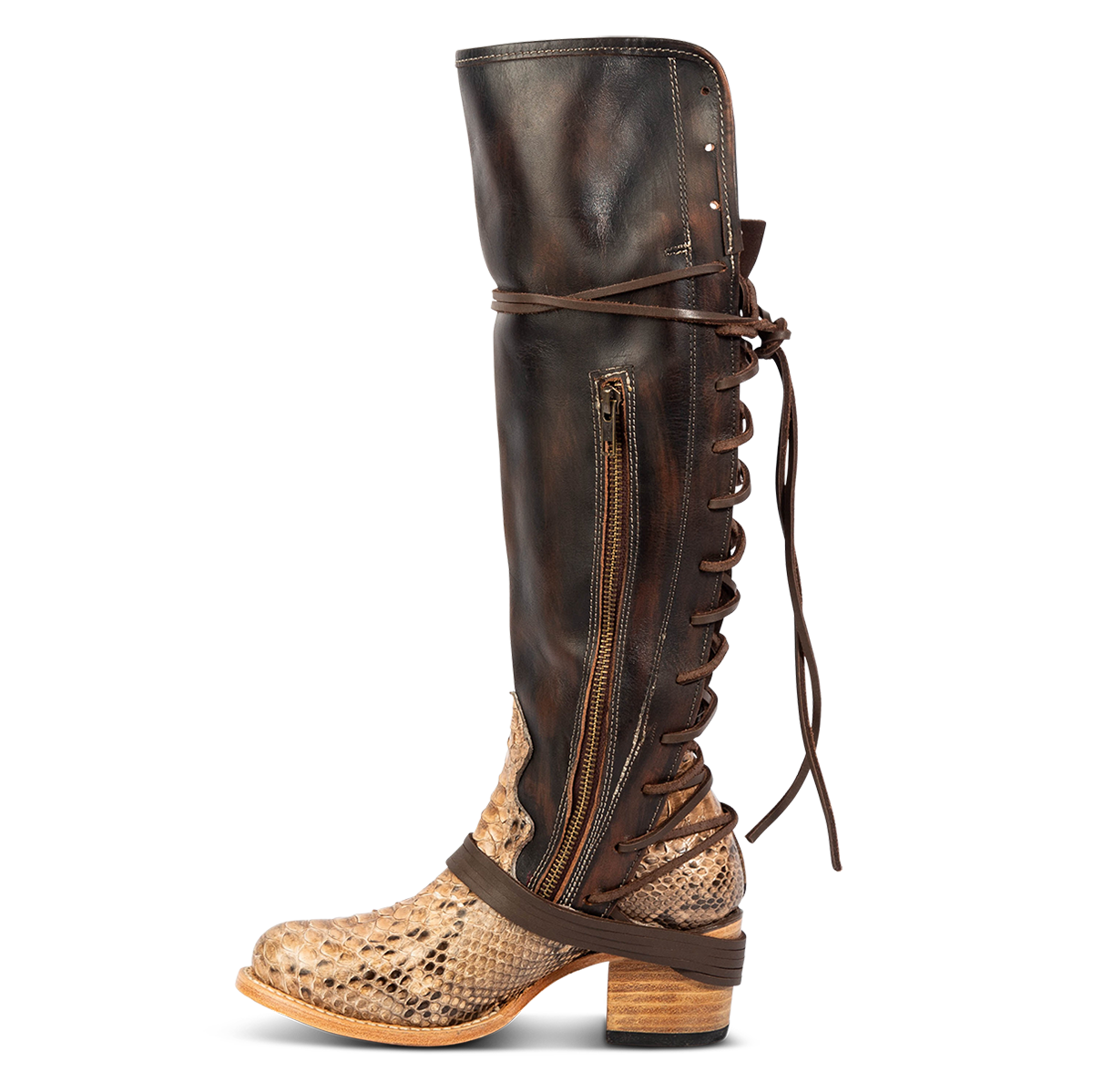 Inside view showing working brass zip closure and adjustable wrap around laces on FREEBIRD women's Coal beige python leather tall boot 