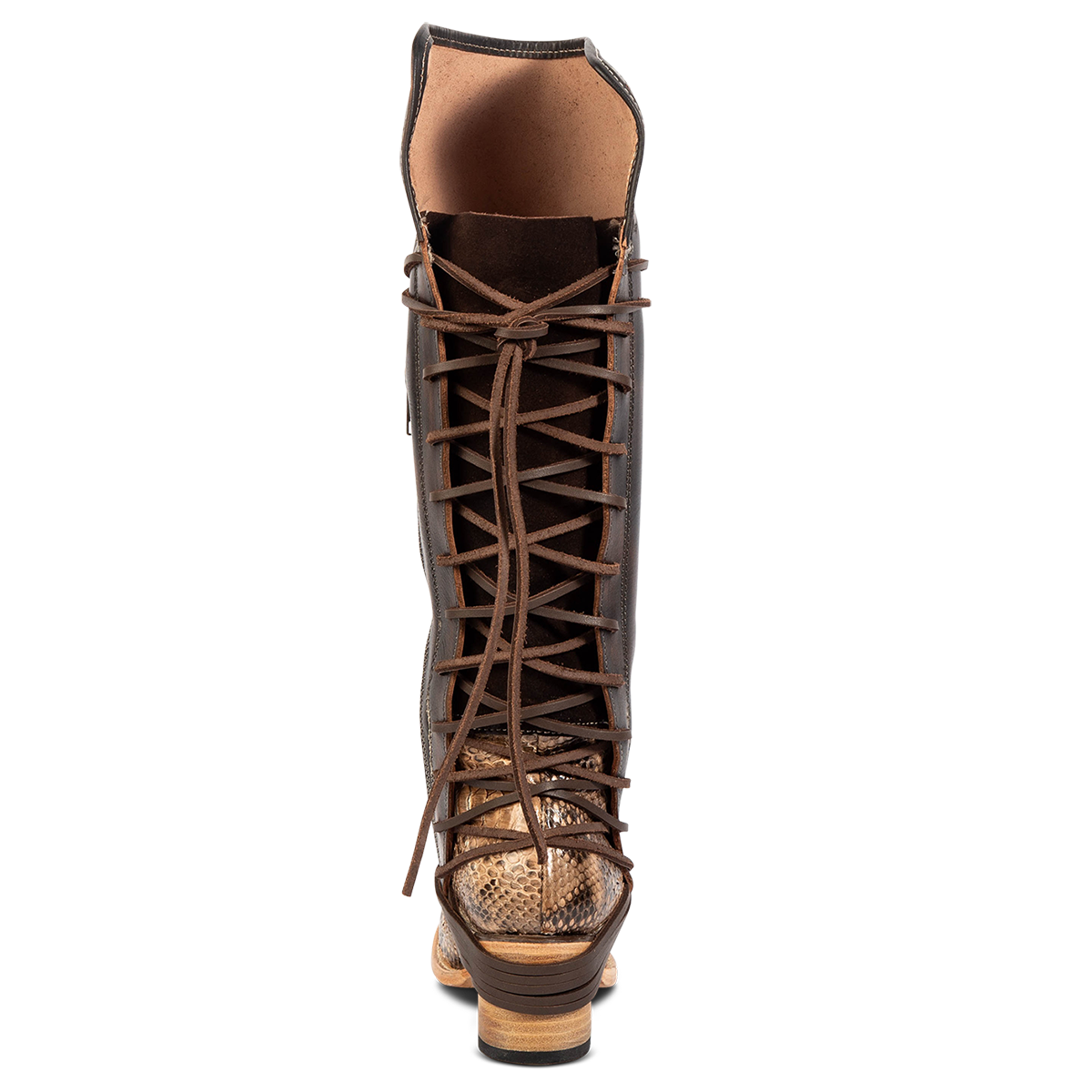 Back view showing expandable panel with adjustable leather lacing on FREEBIRD women's Coal beige python leather tall boot