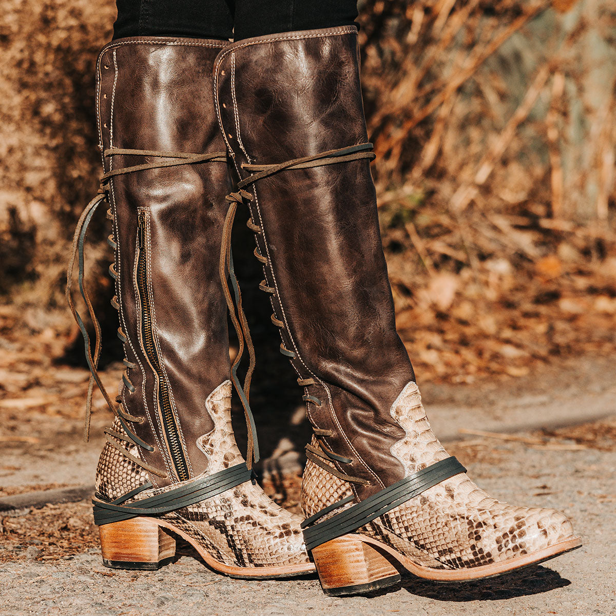 FREEBIRD women’s Coal black/beige python leather knee high adjustable back lacing boot