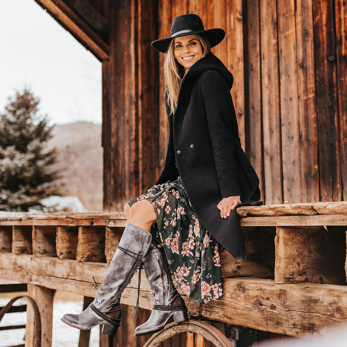  FREEBIRD women’s Coal black leather knee high adjustable back lacing boot lifestyle image