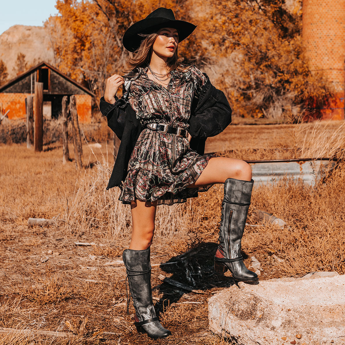 FREEBIRD women’s Coal black leather knee high adjustable back lacing boot lifestyle